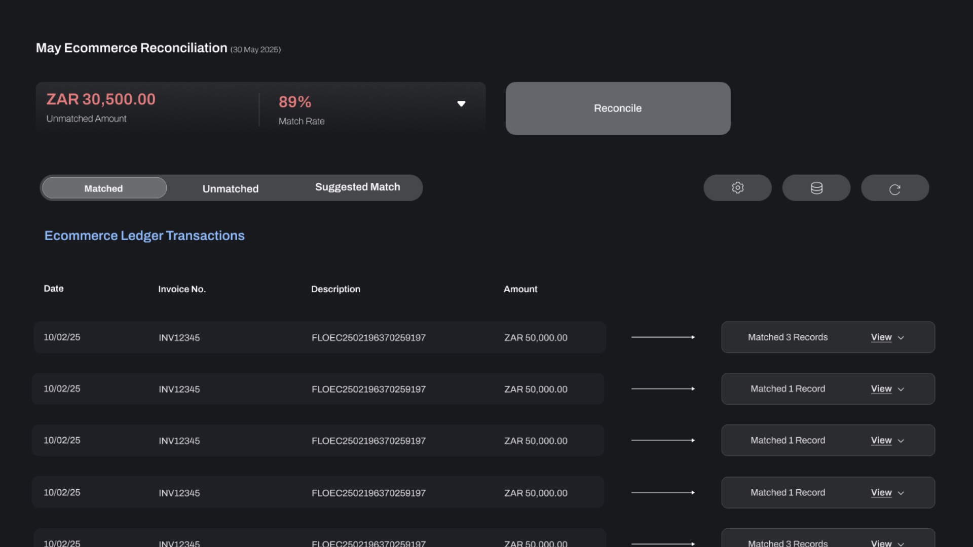 Intelligent transaction matching engine — RECONFLO